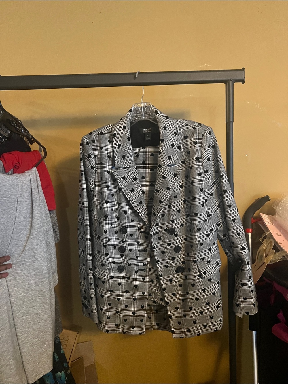 Halogen Black & White Plaid Heart Double-Breasted Blazer Pantsuit